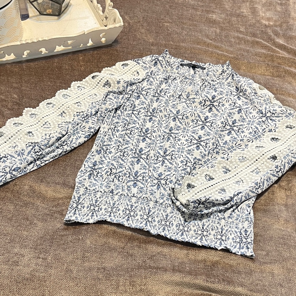 White House Black Market Women’s Blouse with Crochet Sleeves - Size Small